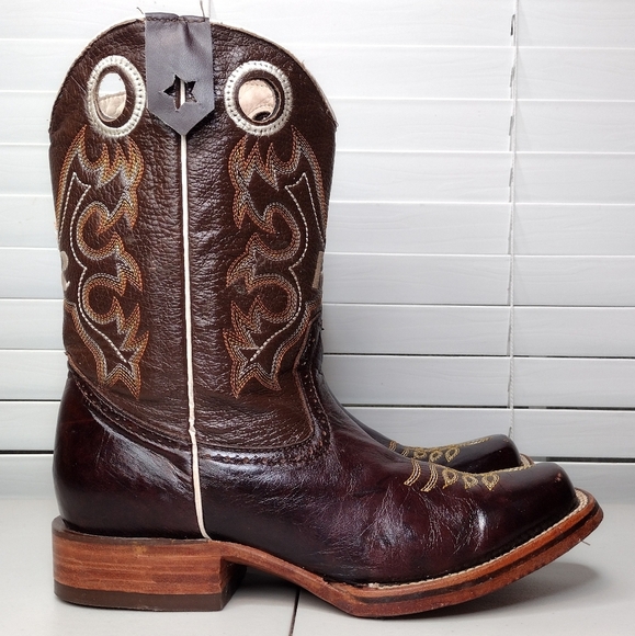 Boots Men's Brown Leather Pull-On Square Toe Rodeo Cowboy Western Boots Sz 8 - Picture 2 of 16